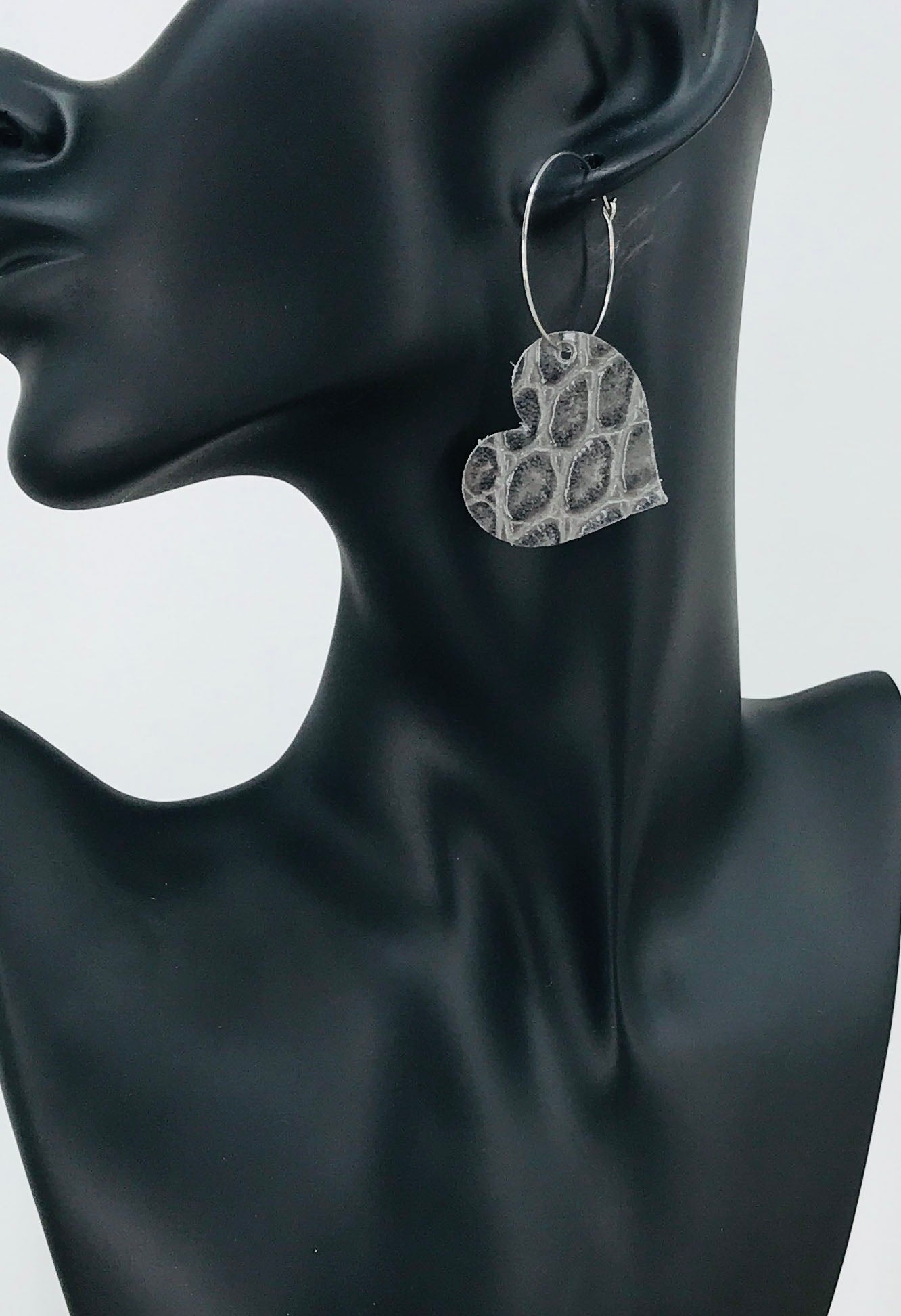 Gray Alligator Heart Hoop Earrings