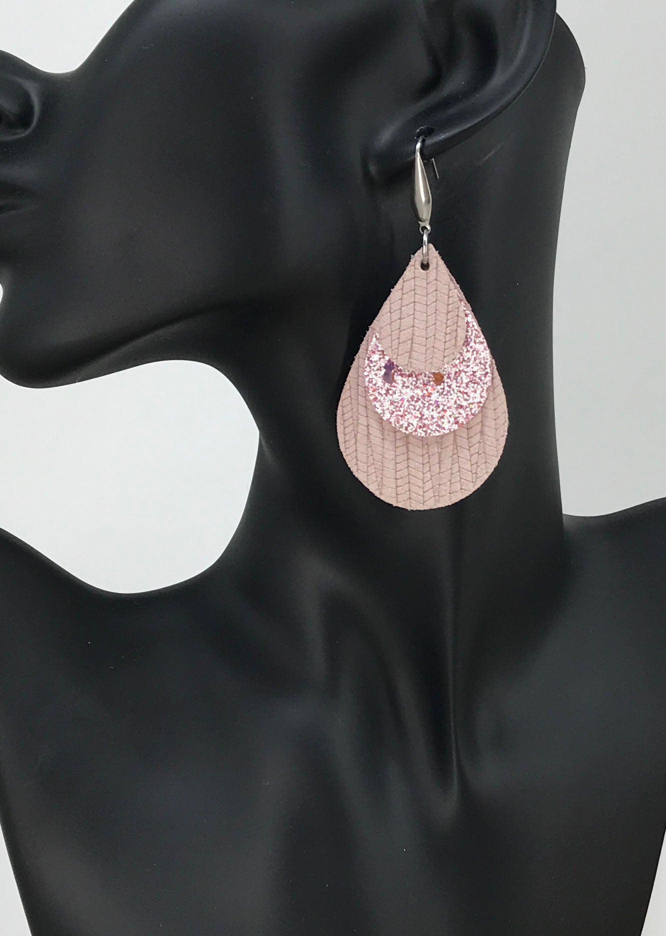 Light Pink Genuine Leather and Glitter Earrings - E19-231