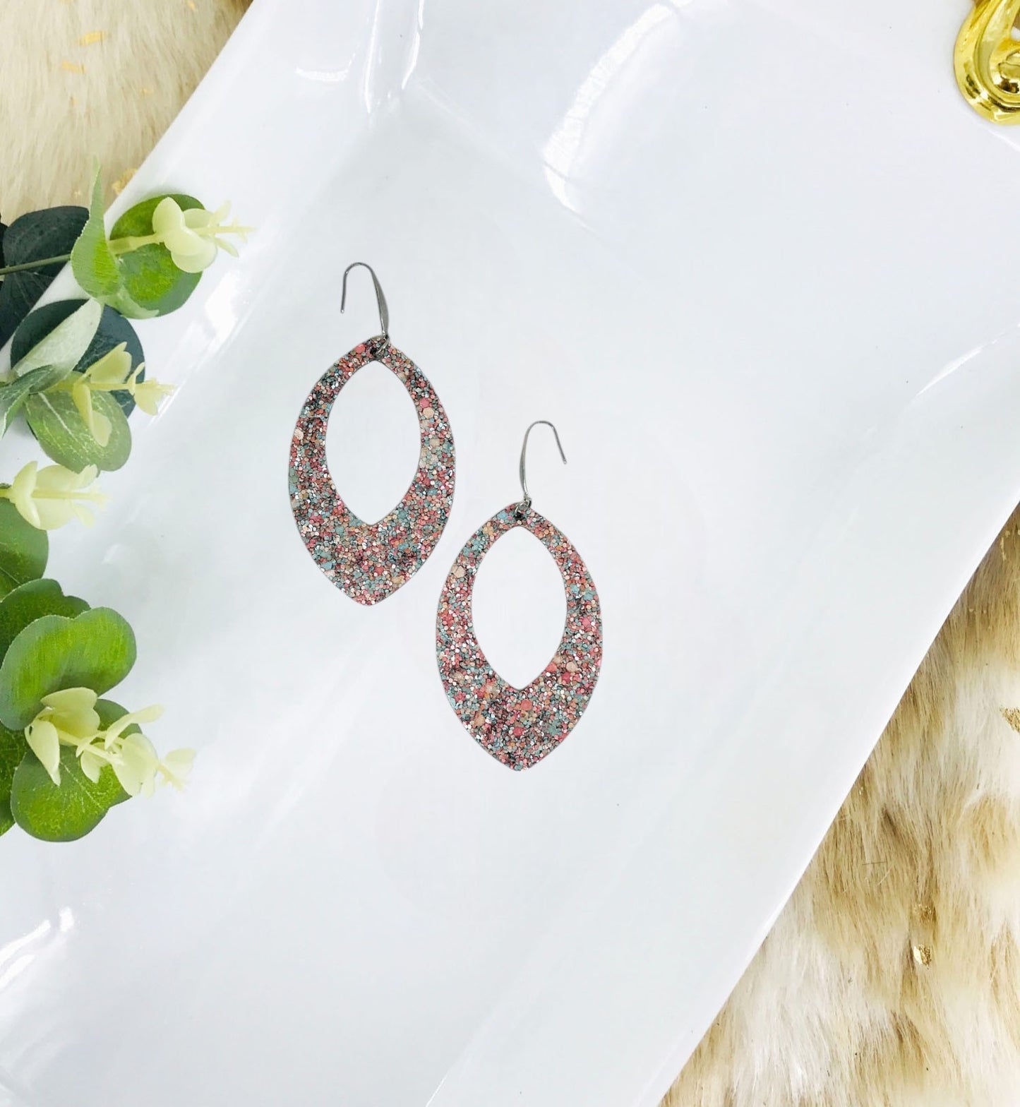 Aqua Mauve Chunky Glitter Leather Earrings - E19-2322