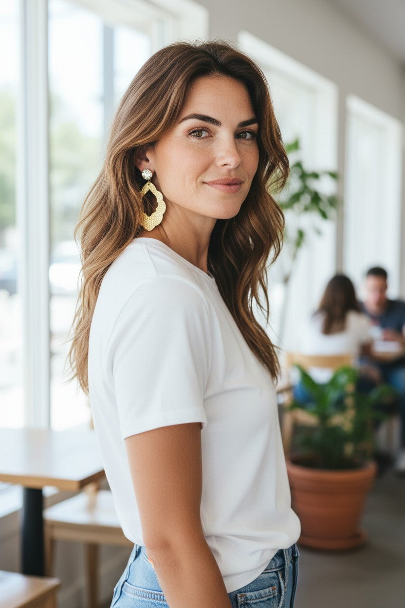 Crystal Clear & Gold Pebbled Leather Drop Earrings