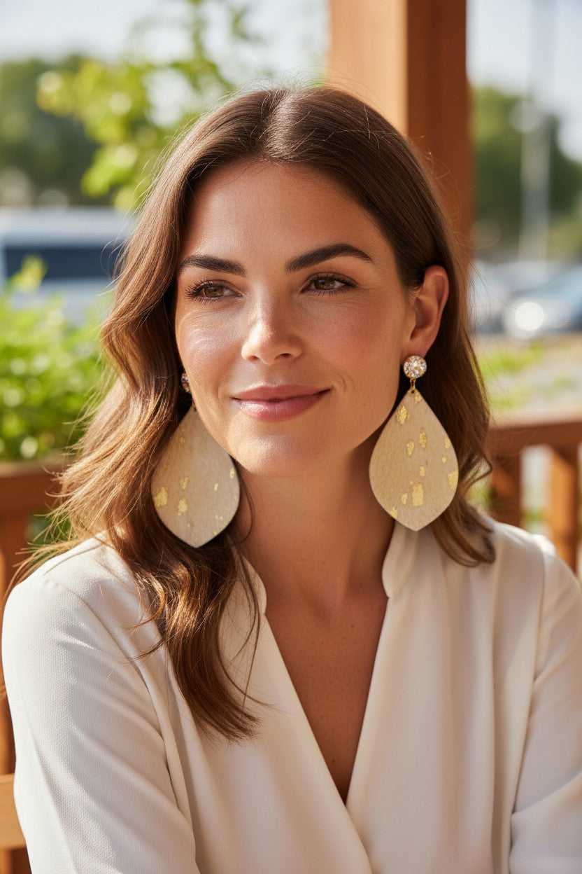 Crystal Clear & Gold Hair On Leather Drop Earrings