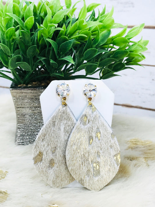 Crystal and Hair on Gold Leather Stud Earrings - E19-2402