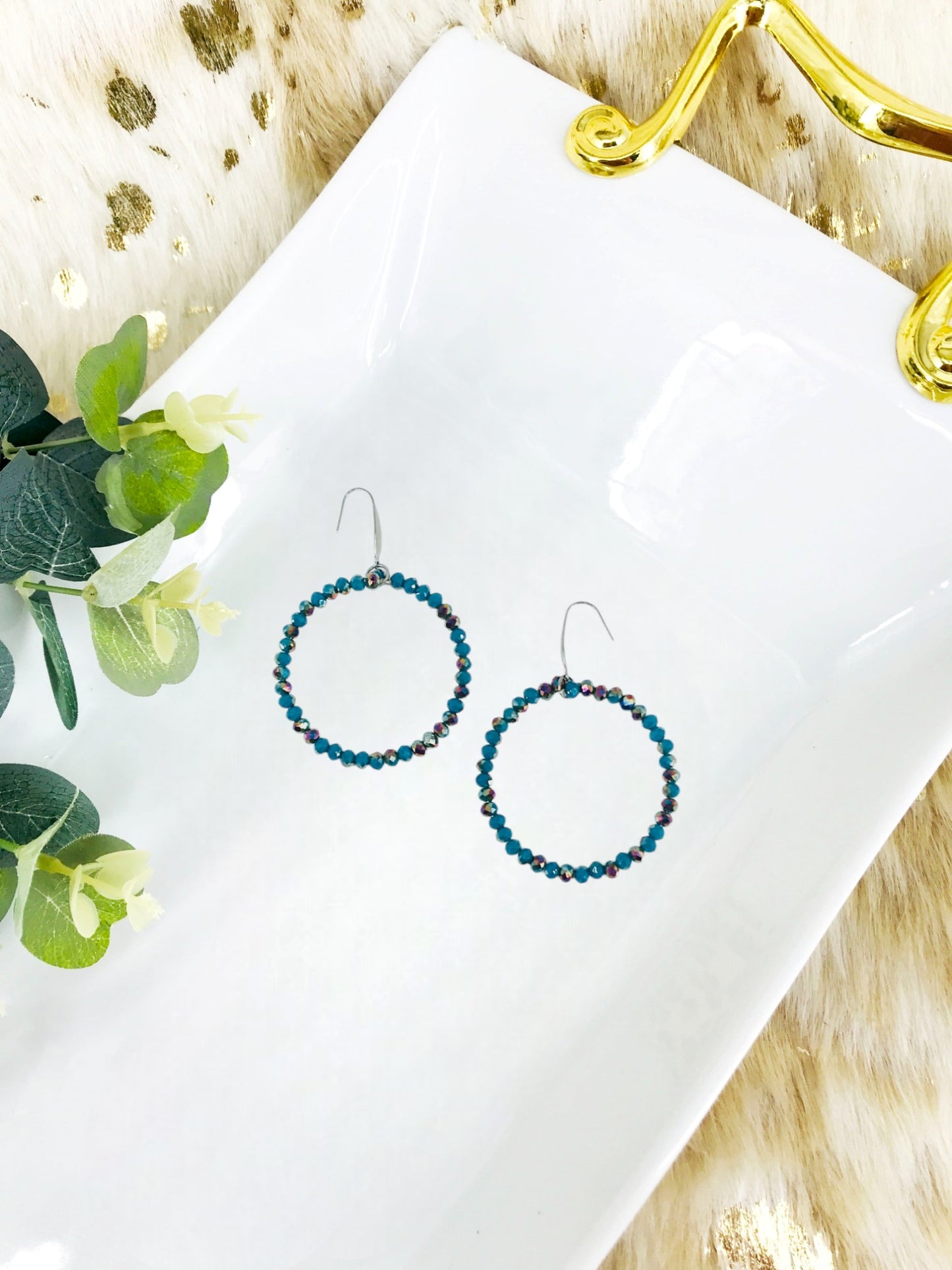 Blue Glass Bead Hoop Earrings - E19-2406