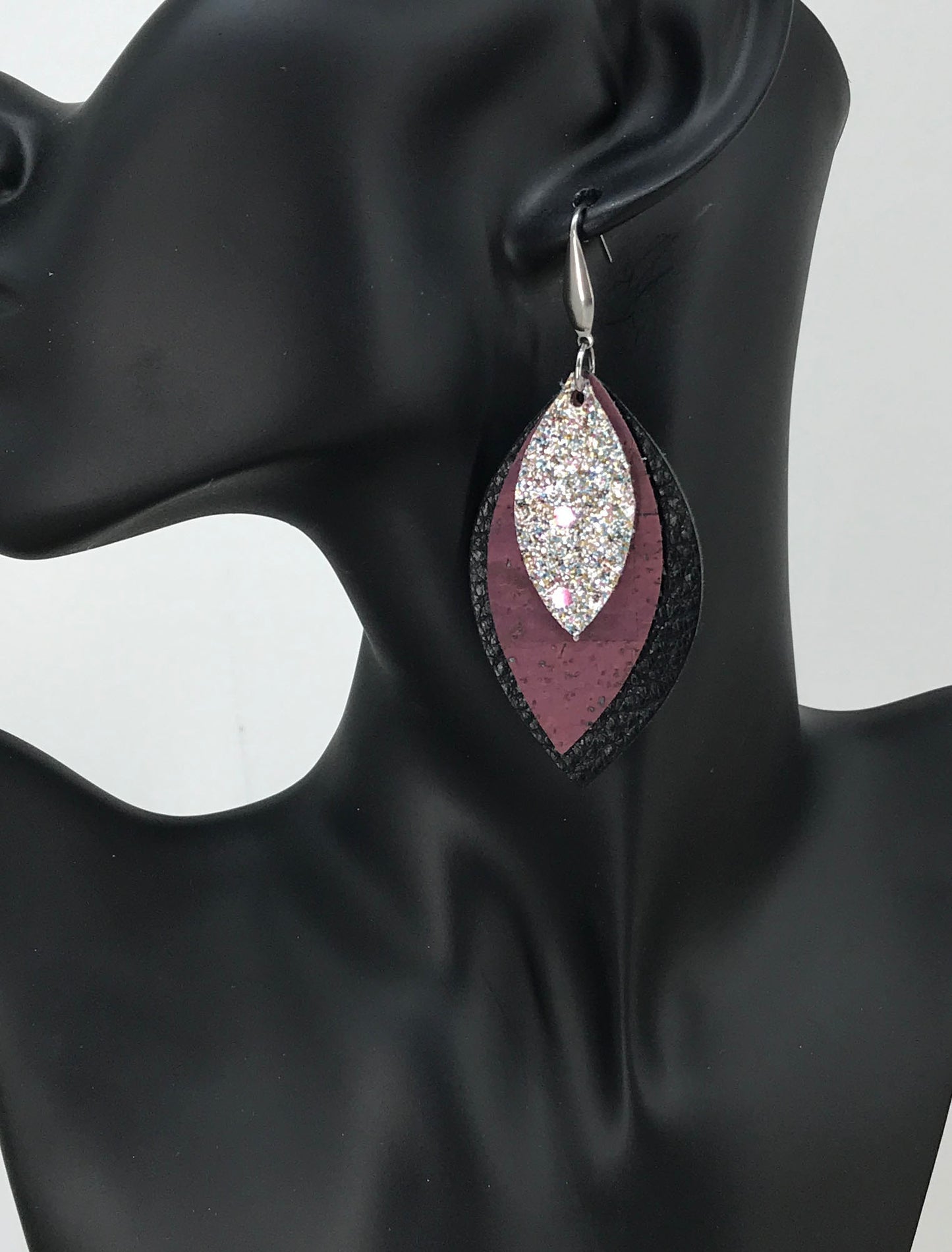 Leather, Cork and Glitter Layered Earrings - E19-240
