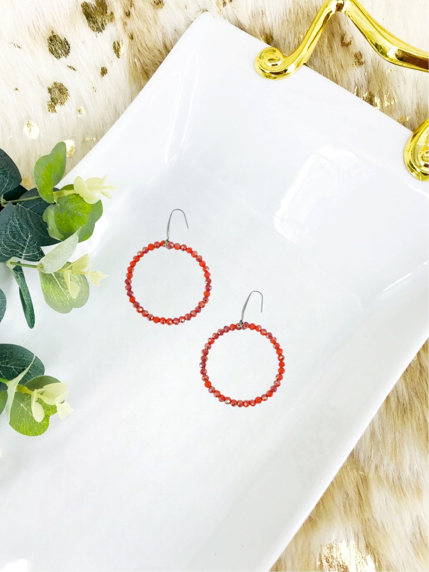 Burnt Red Glass Bead Hoop Earrings - E19-2425