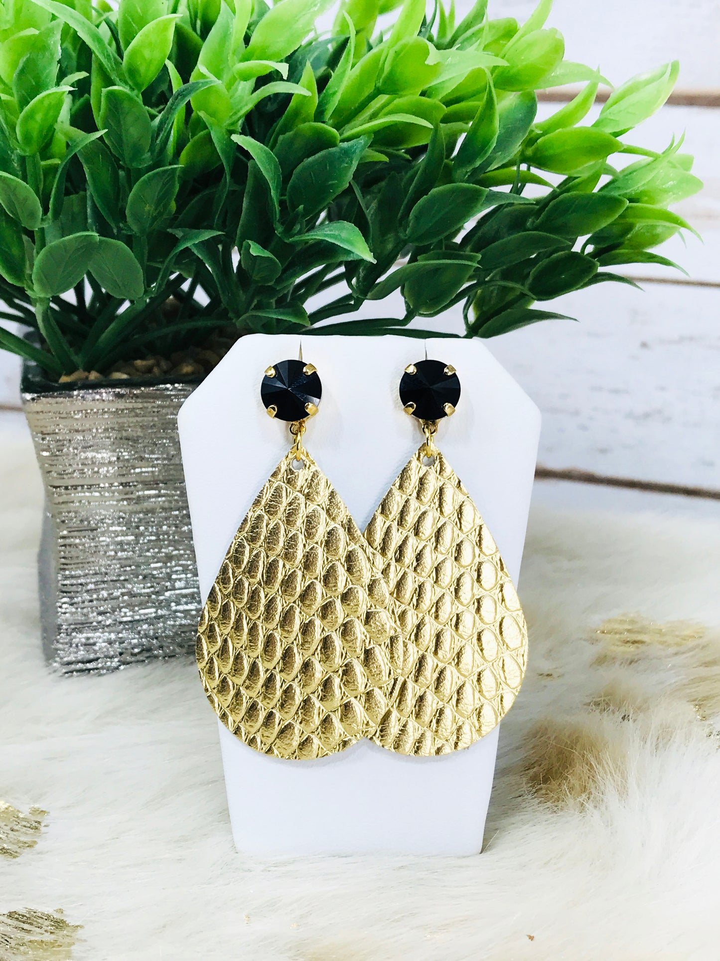 Crystal and Gold Anaconda Leather Stud Earrings - E19-2434