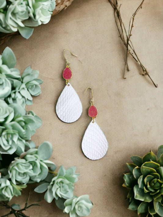 Druzy Agate and White Amazon Cobra Leather Earrings - E19-2449