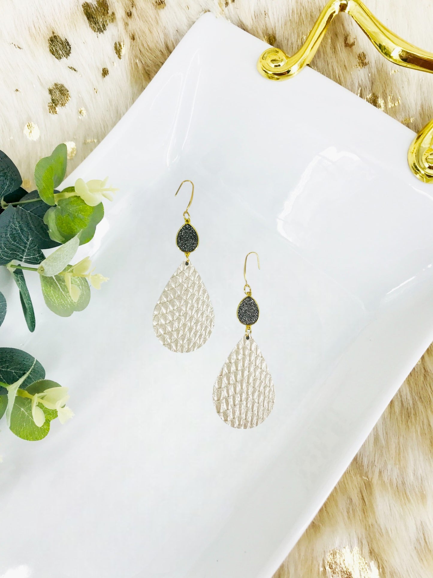 Druzy Agate and Platinum Amazon Cobra Leather Earrings - E19-2466