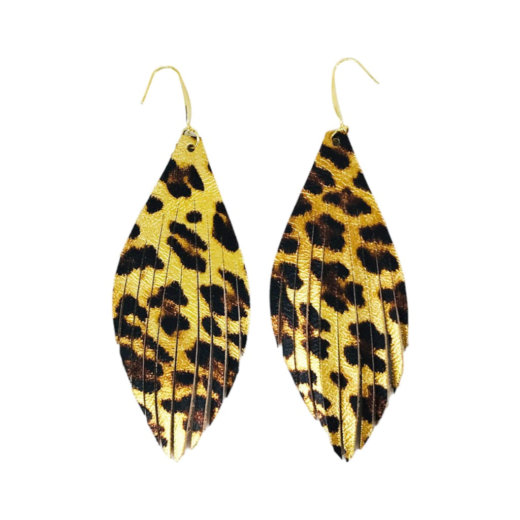 Gold Metallic Banana Leopard Fringe Earrings