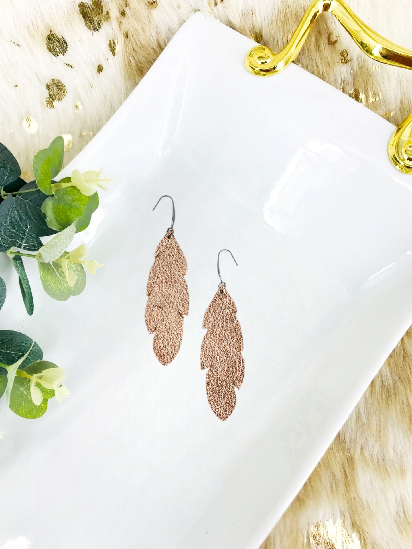 Rose Gold Feather Leather Earrings - E19-2621