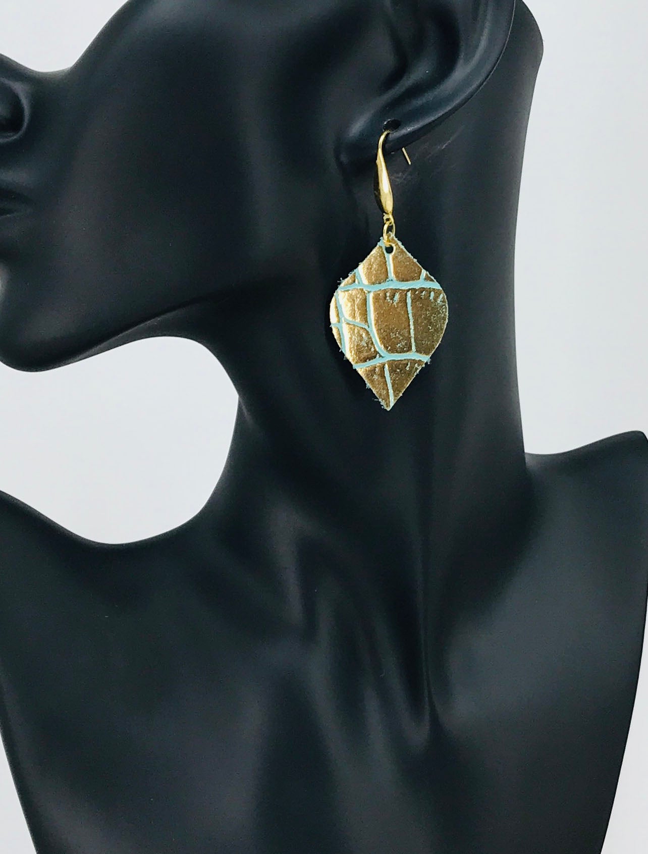 Gold & Teal Leaf Drop Earrings