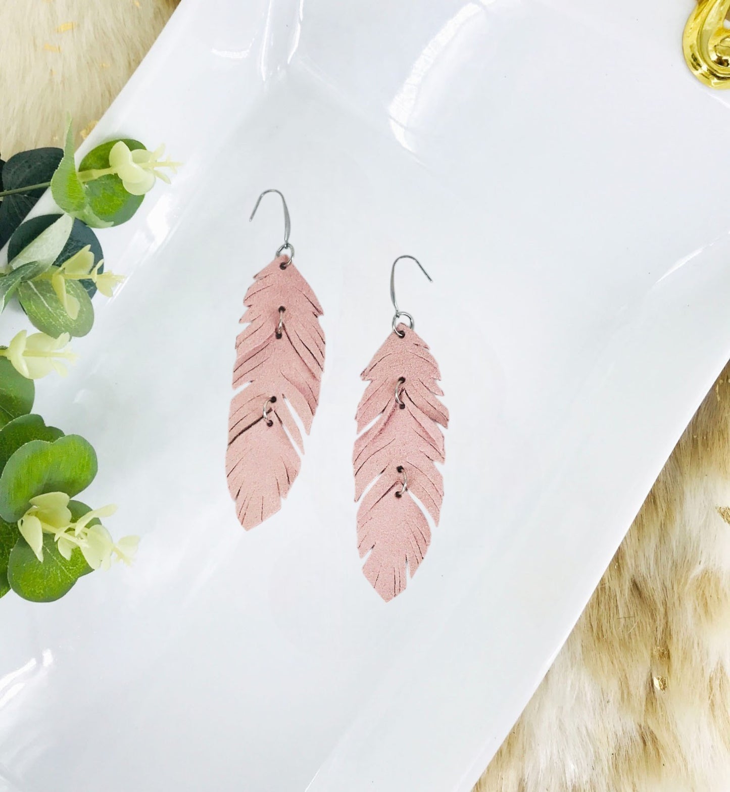 Pink Suede Feather Leather Earrings - E19-2694