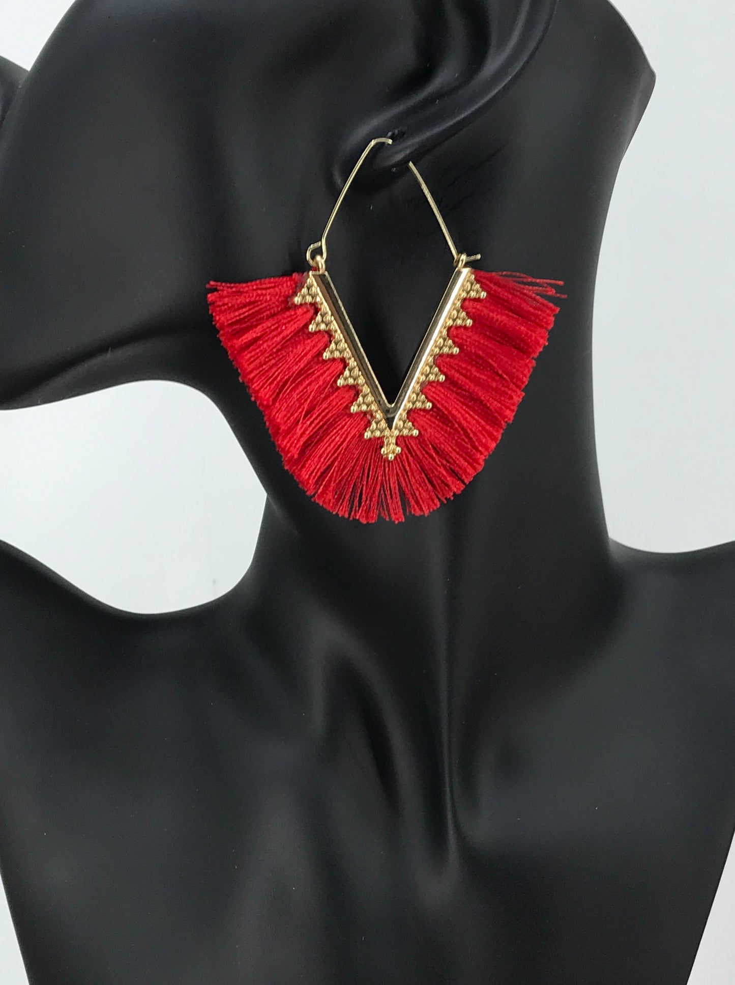 Red Bohemian Triangle Tassel Earrings