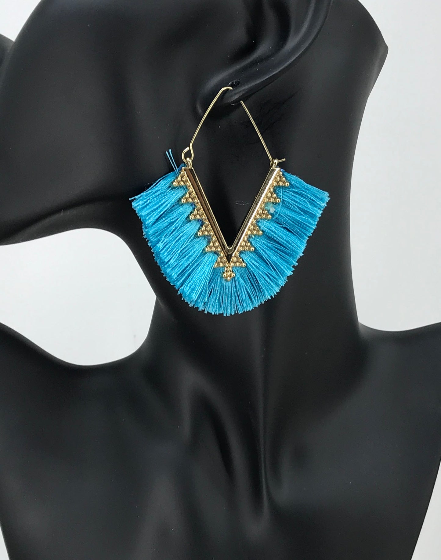 Light Blue Bohemian Triangle Tassel Earrings
