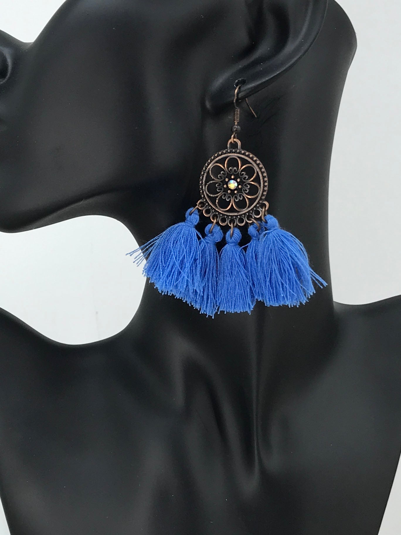 Blue Bohemian Tassel Earrings