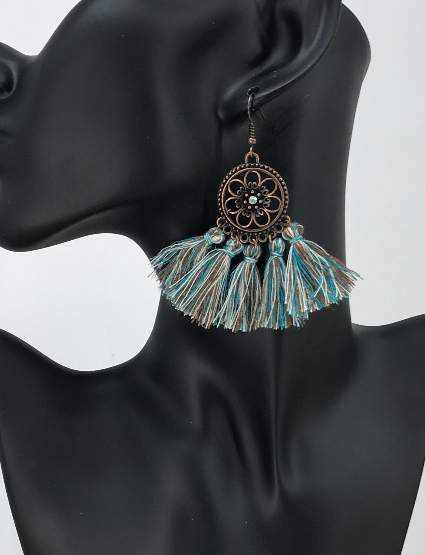 Teal Brown Multi Color Bohemian Tassel Earrings