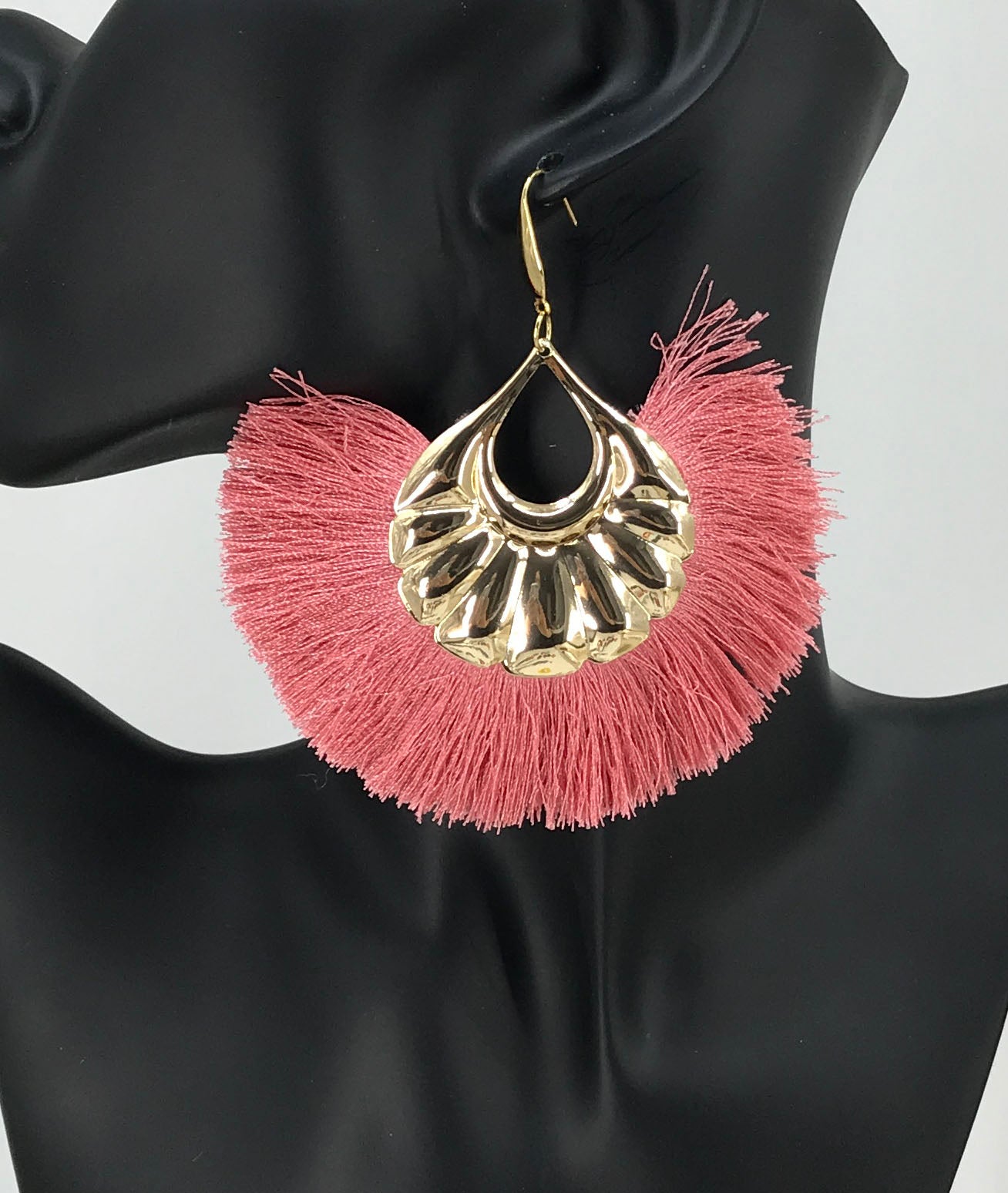 Extra Large Coral Fan Shaped Tassel Earrings