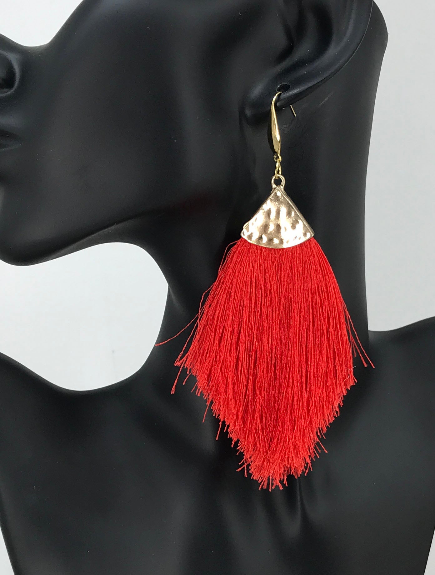 Extra Large Red Tassel Pendant Earrings