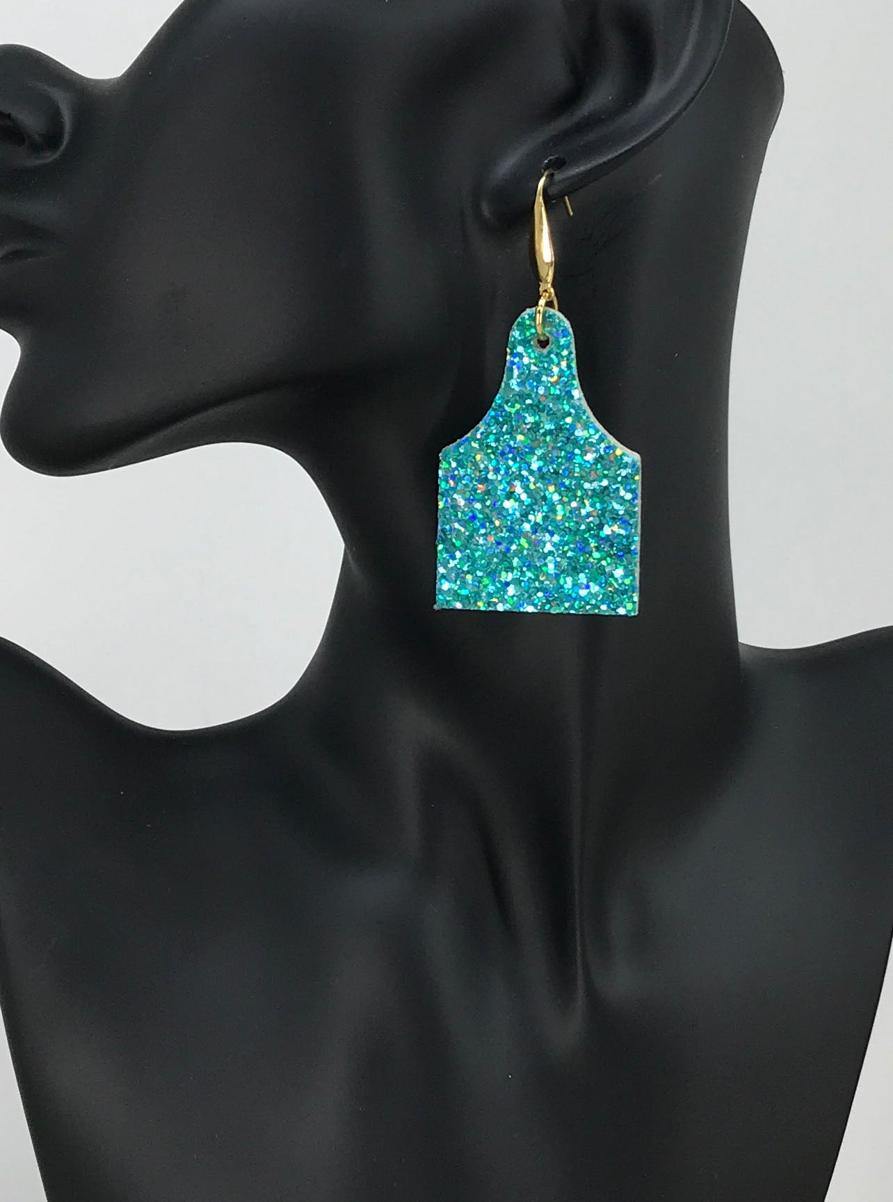 Genuine Glitter on Leather Cow Tag Earrings - E19-2789