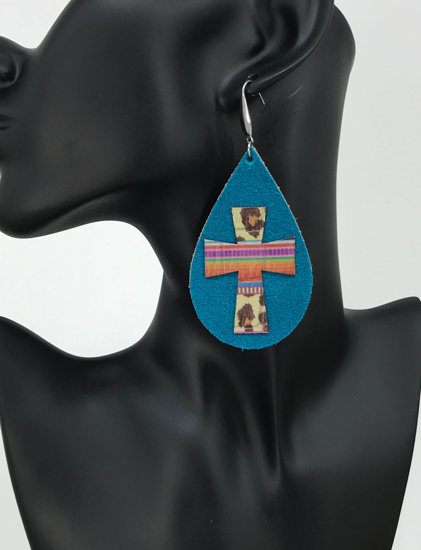 Turquoise Suede Leopard Cross Teardrop Earrings