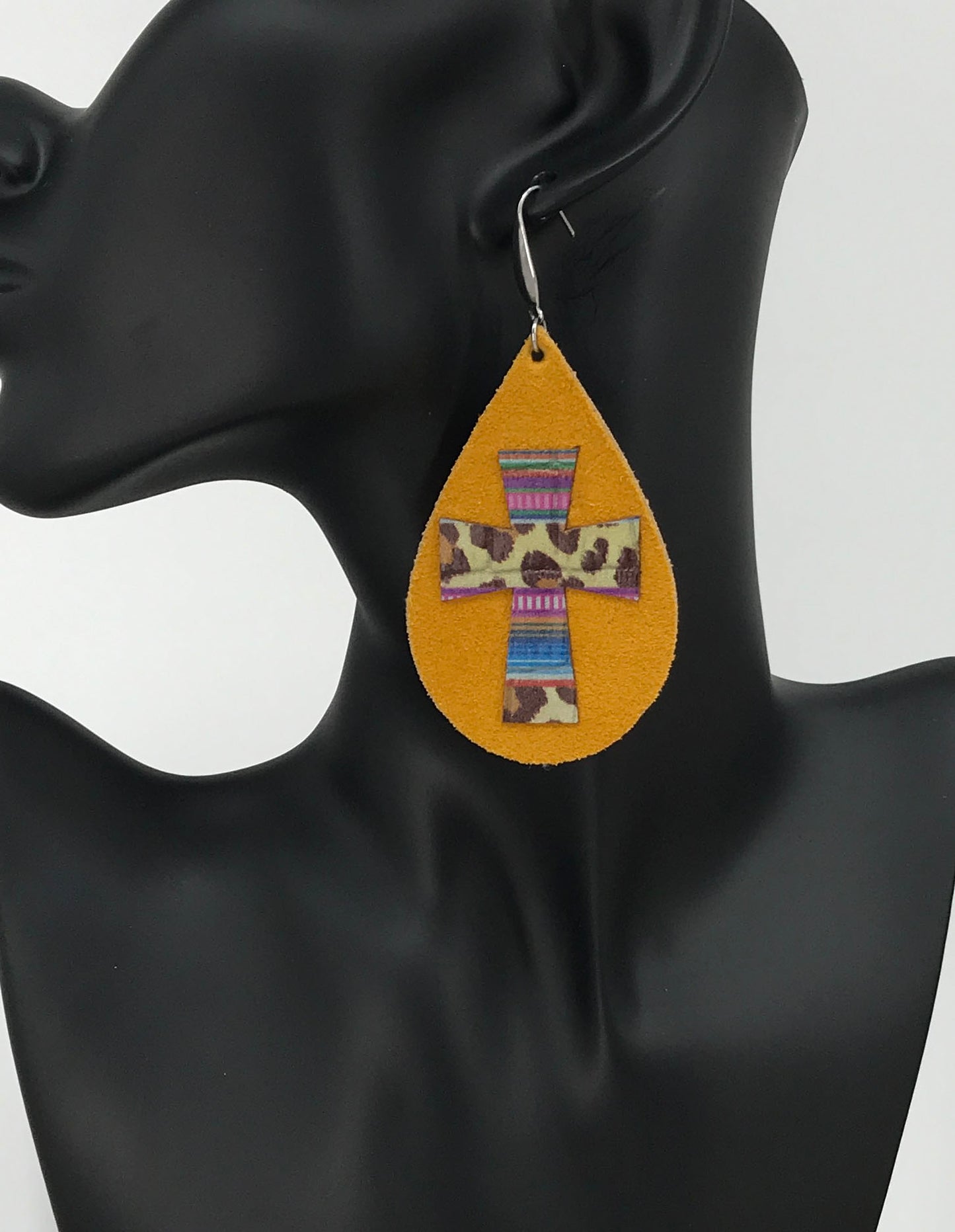 Mustard Suede Leopard Cross Teardrop Earrings