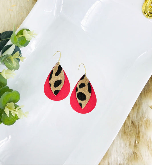 Coral and Cheetah Leather Earrings - E19-2813