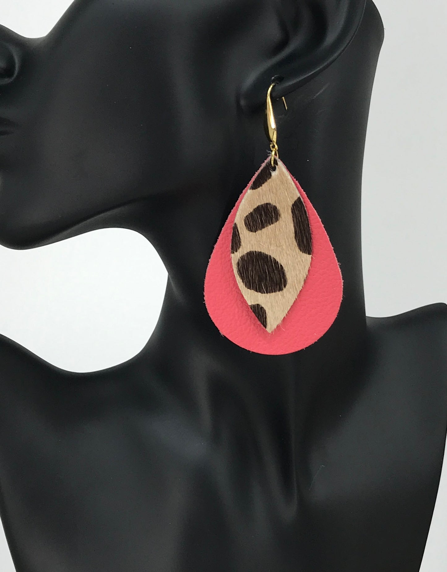 Coral and Cheetah Leather Earrings - E19-2813