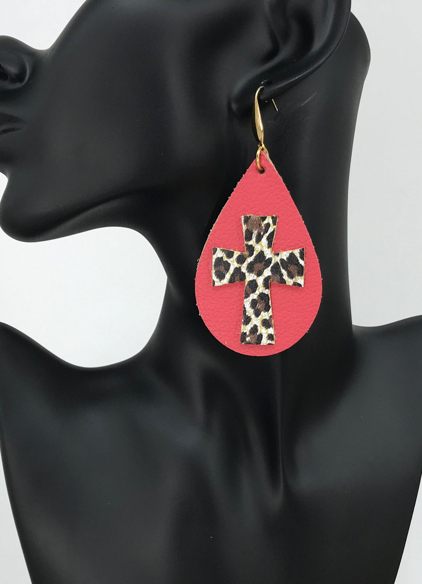 Deep Sea Coral Leopard Cross Teardrop Earrings