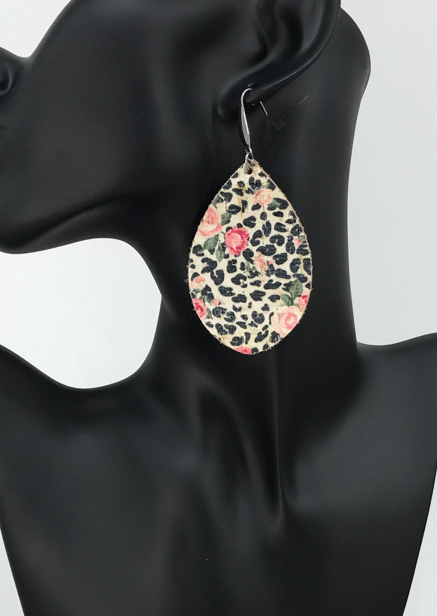 Roses and Leopard Cork on Leather Earrings - E19-2824