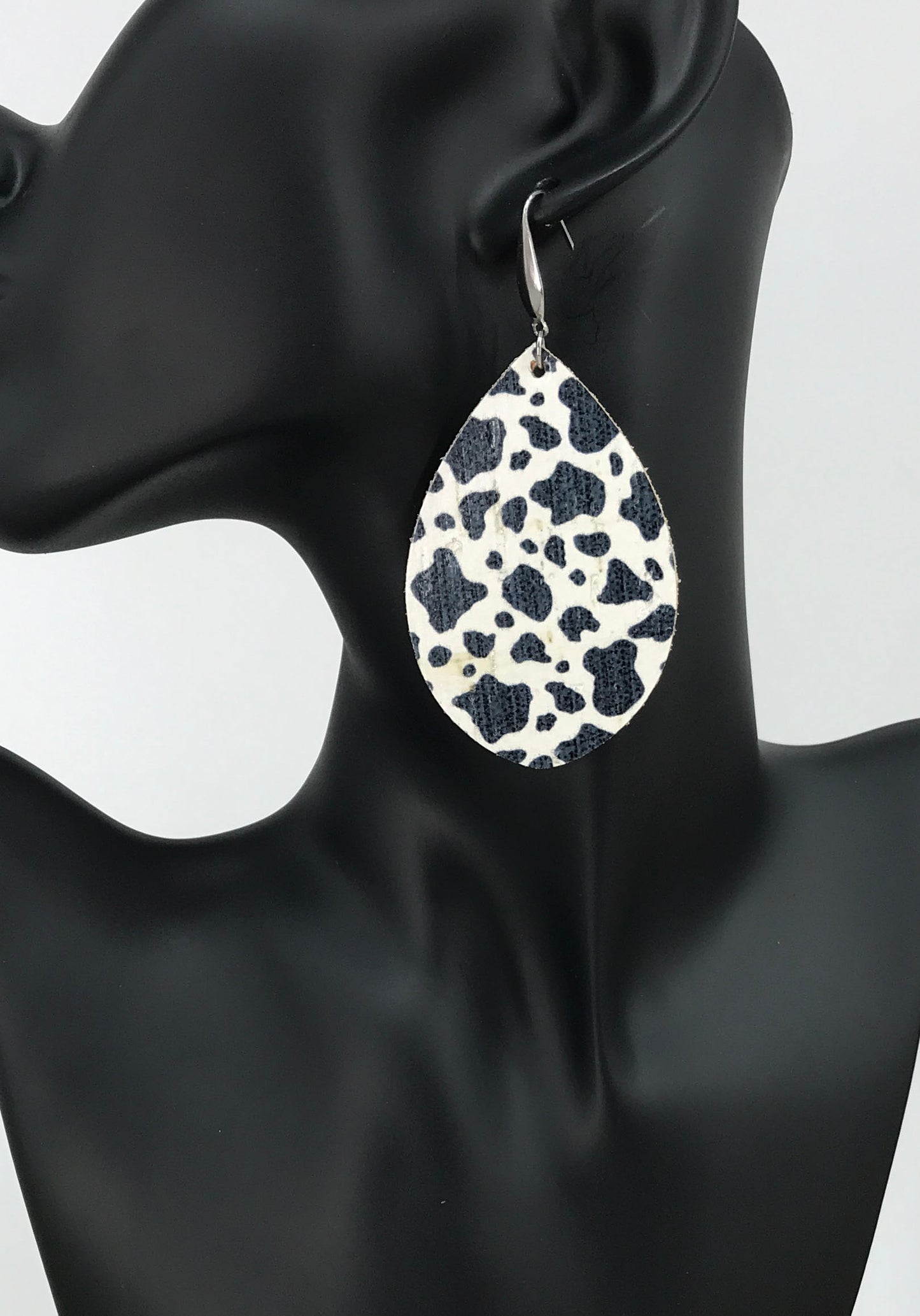 Black & White Spotted Cow Cork Teardrop Earrings