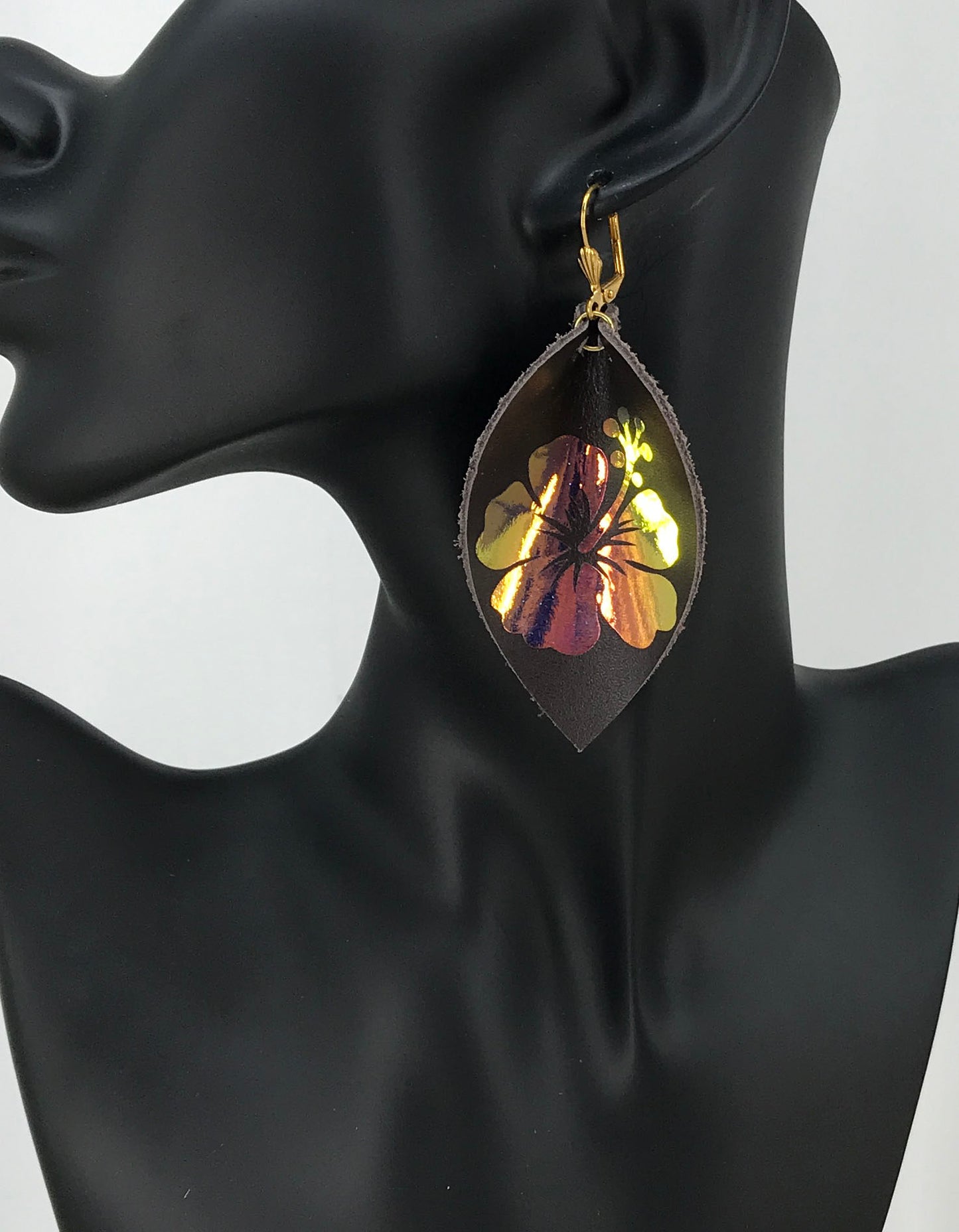 Brown Genuine Leather and Hibiscus Flower Earrings - E19-2839