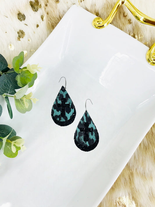 Mint Leopard Faux Leather and Chunky Glitter Earrings - E19-2843