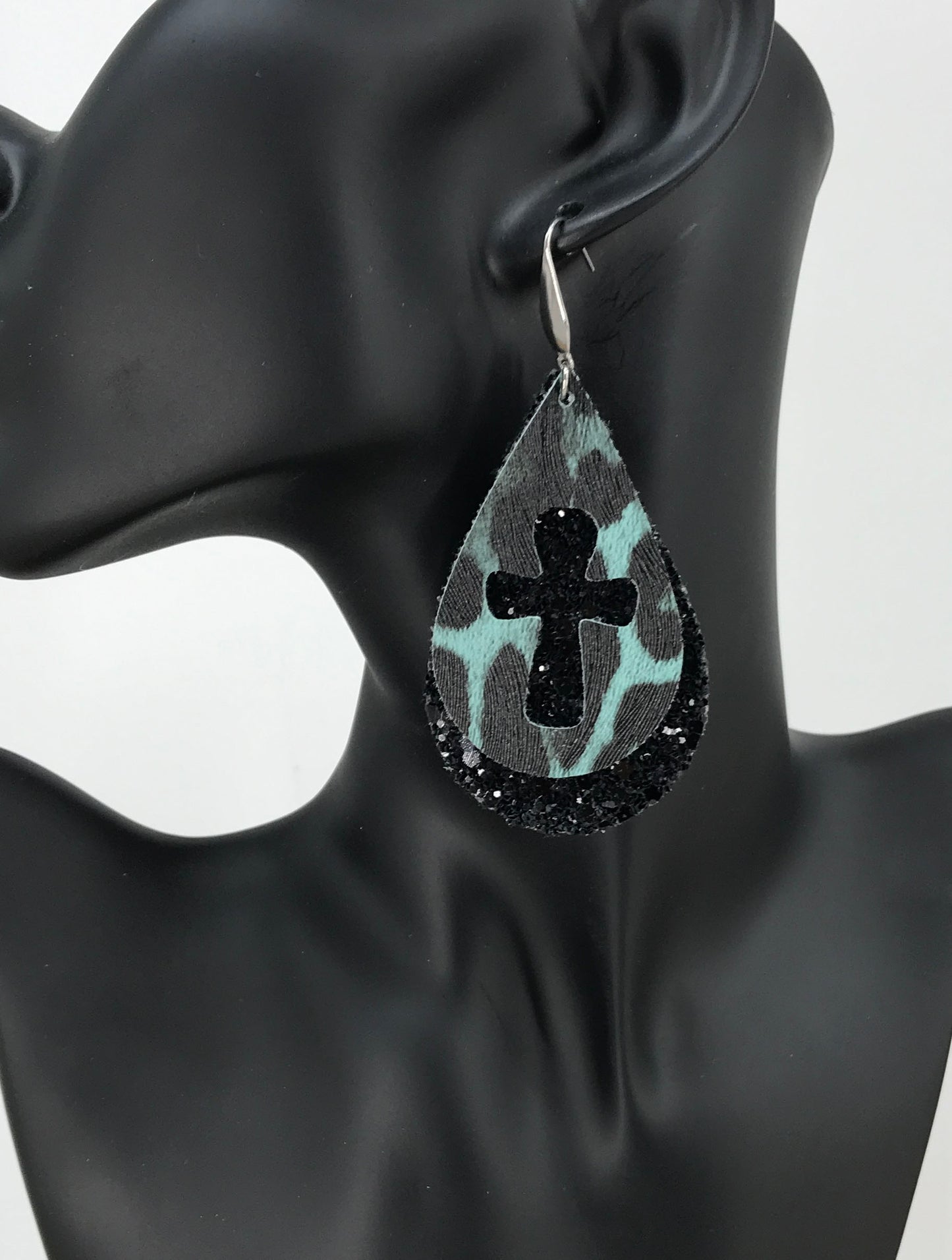 Mint Leopard Faux Leather and Chunky Glitter Earrings - E19-2843