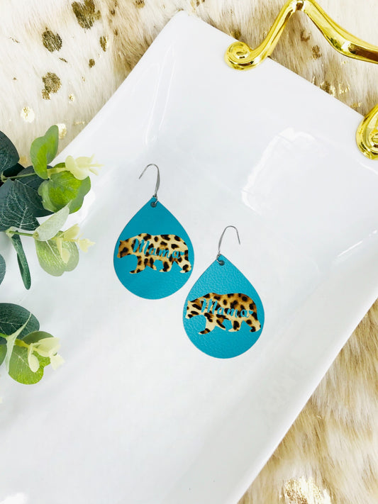 Teal Mama Bear Faux Leather Earrings - E19-2848