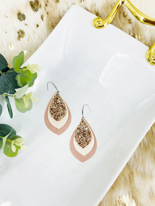 Shiny Pearl Faux Leather and Chunky Glitter Layered Earrings - E19-2853