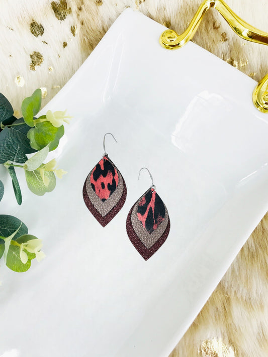 Maroon Leopard Faux Leather and Glitter Layered Earrings - E19-2855