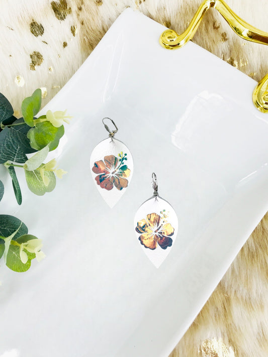 White Genuine Leather and Hibiscus Flower Earrings - E19-2884