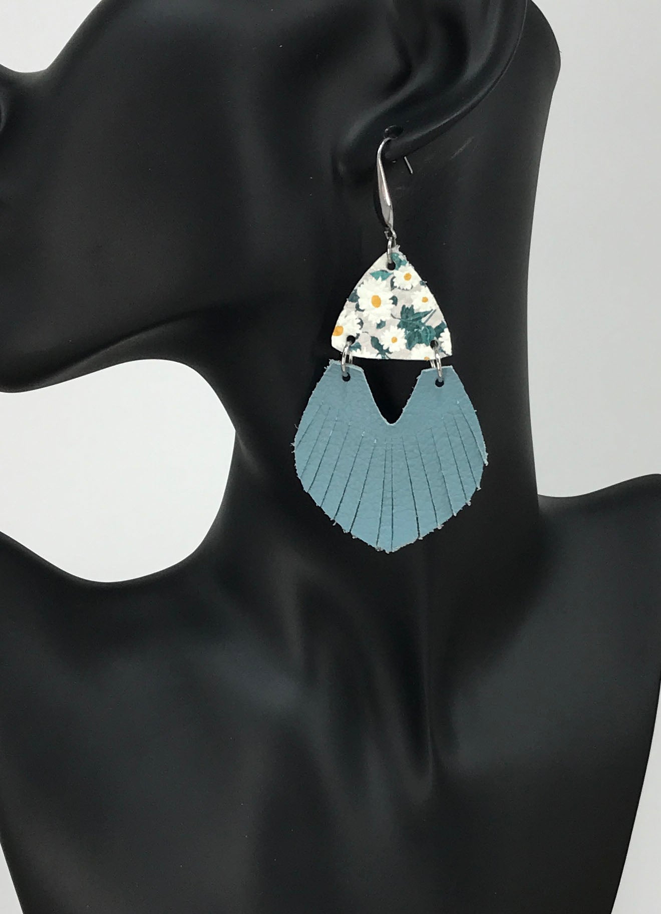 Daisy Leather and Blue Fringe Leather Earrings - E19-2898