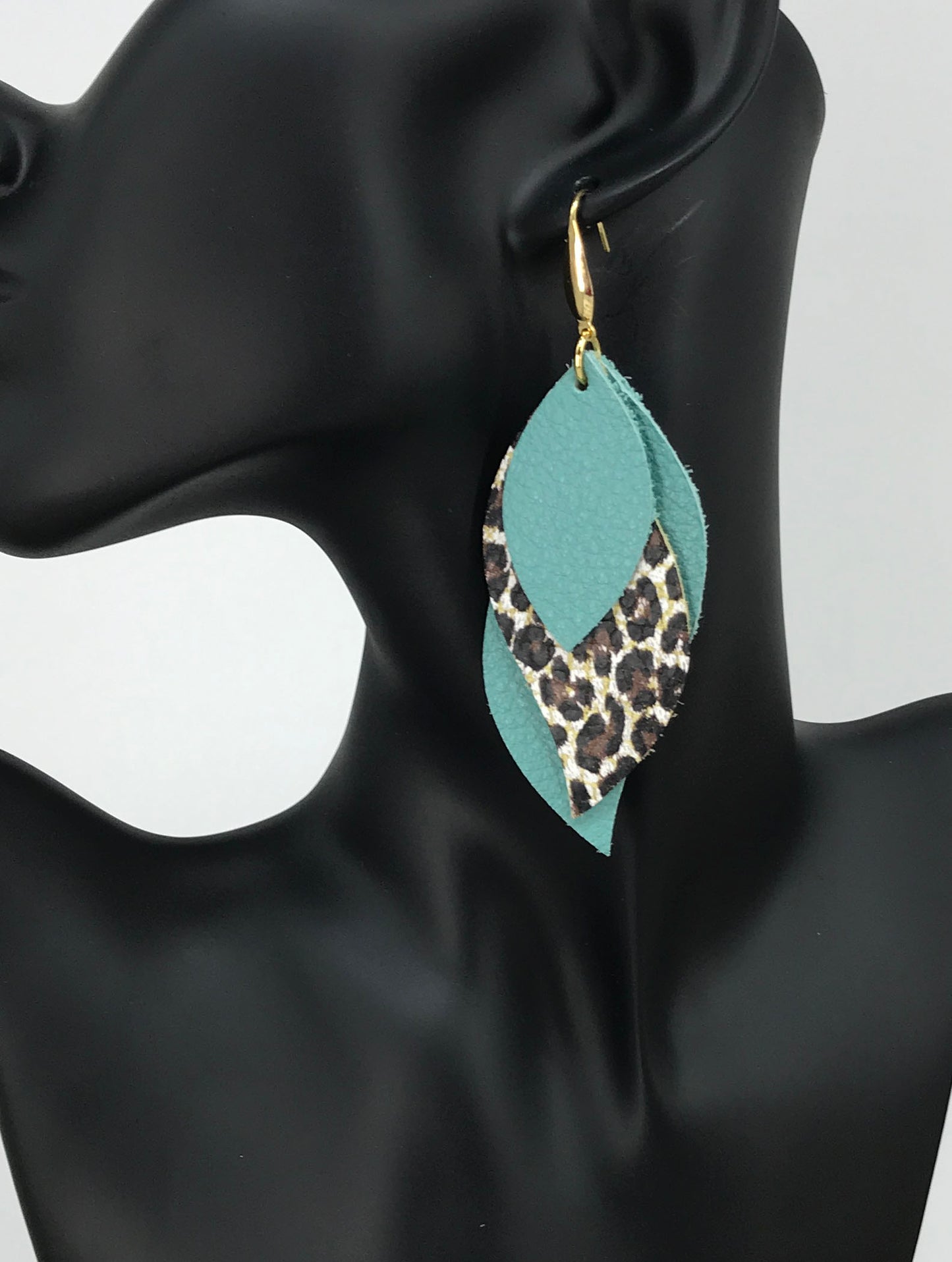 Aqua and Leopard Leather Earrings - E19-2948