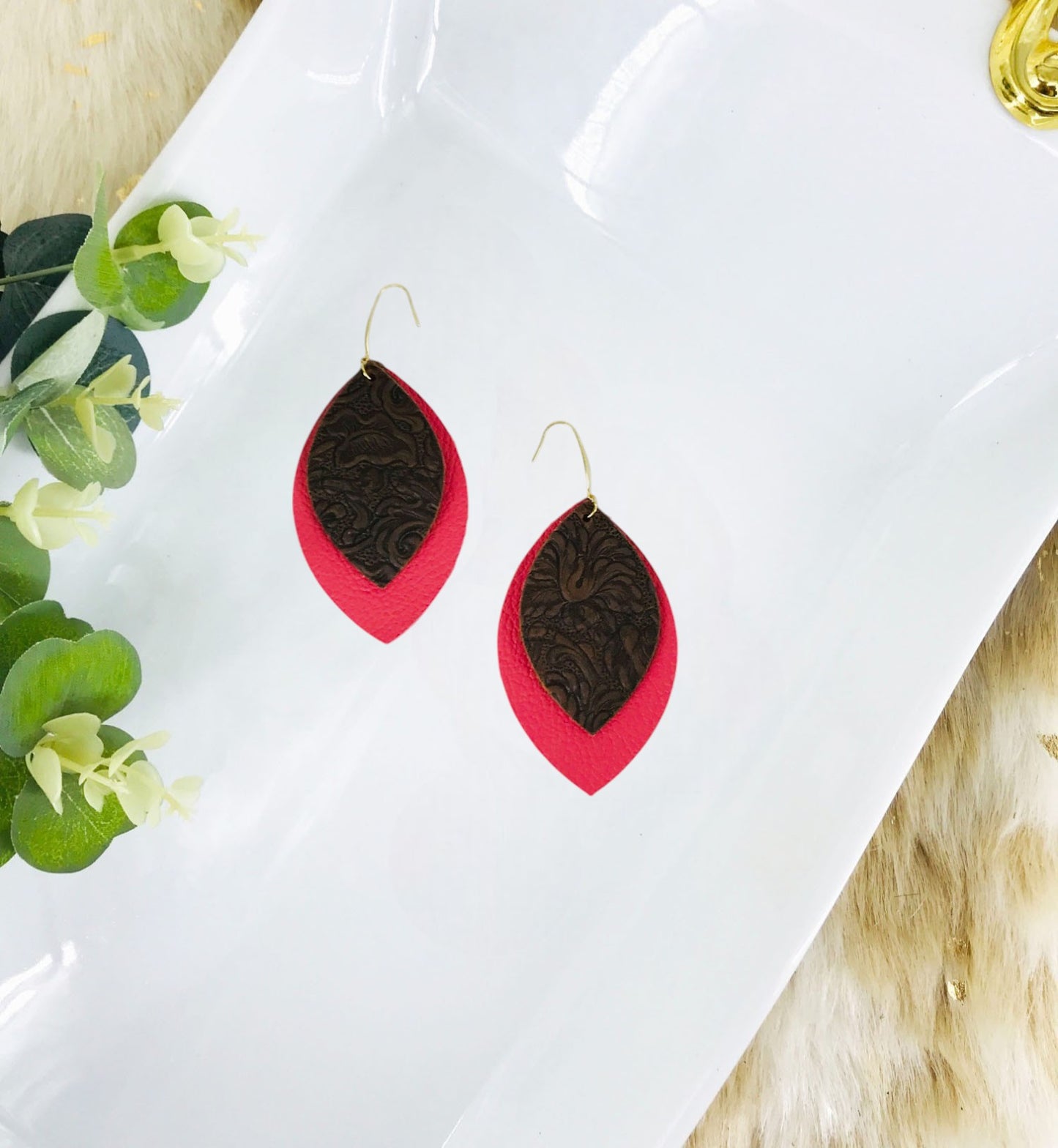 Coral Leather and Chocolate Embossed Leather Earrings - E19-2950