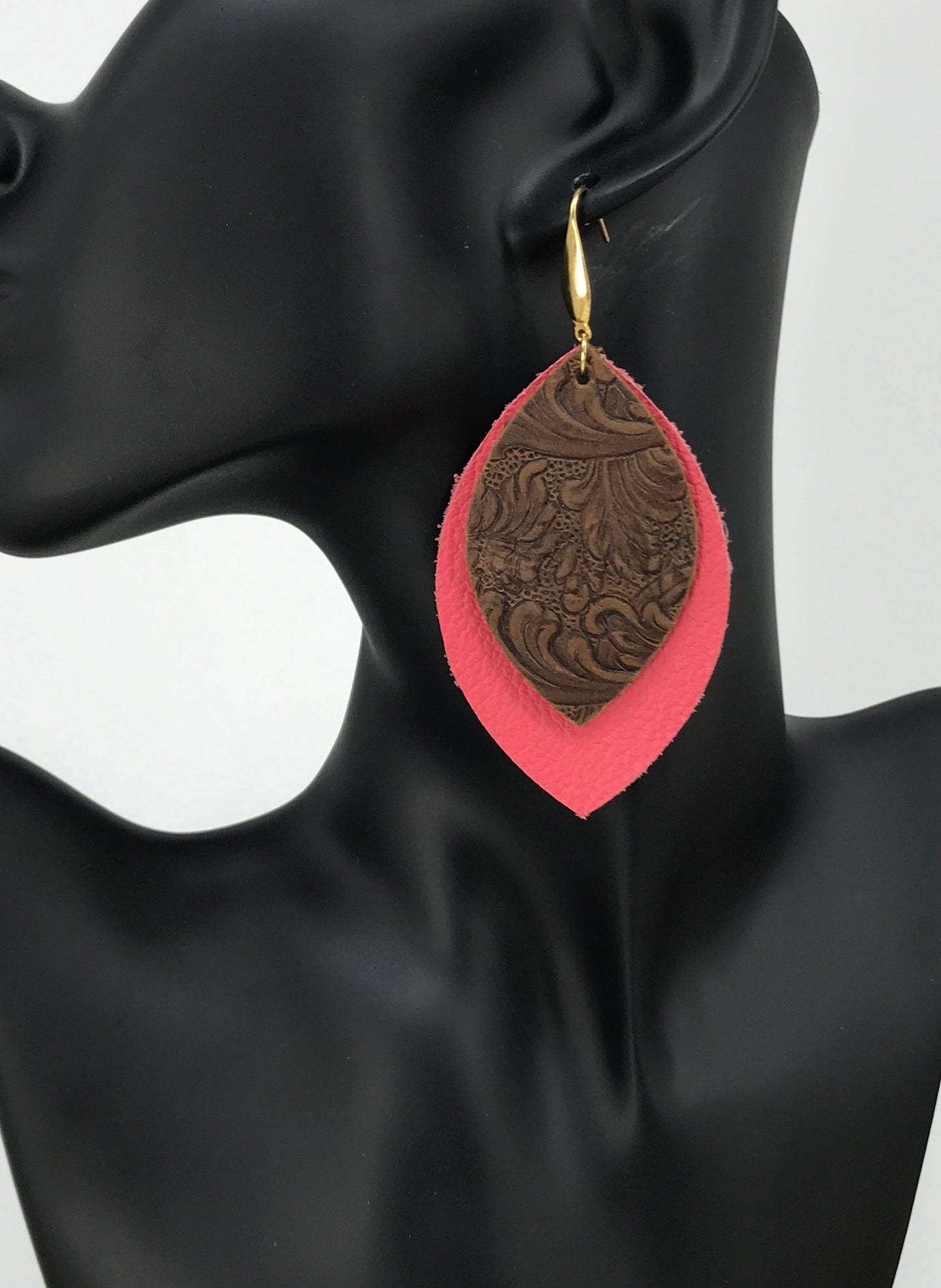Coral Leather and Chocolate Embossed Leather Earrings - E19-2950