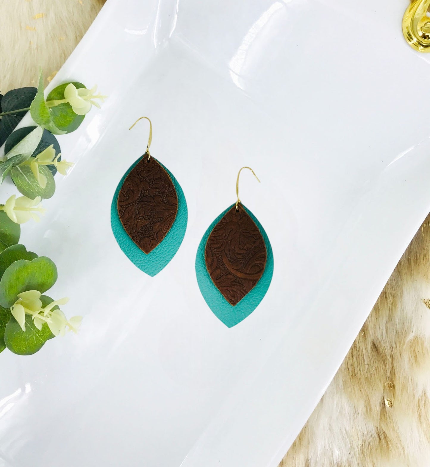 Aqua Leather and Brown Embossed Leather Earrings - E19-2953