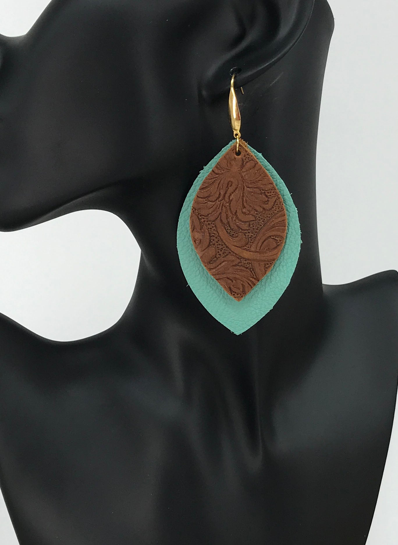 Aqua Leather and Brown Embossed Leather Earrings - E19-2953