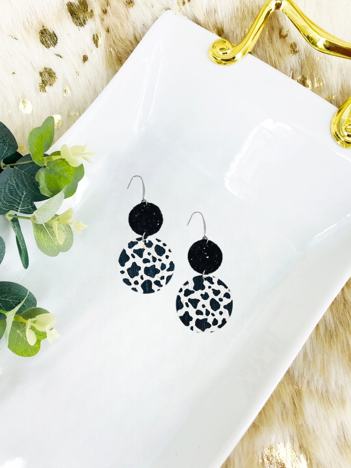 Chunky Glitter and Black & White Spotted Cow Leather Earrings - E19-2959