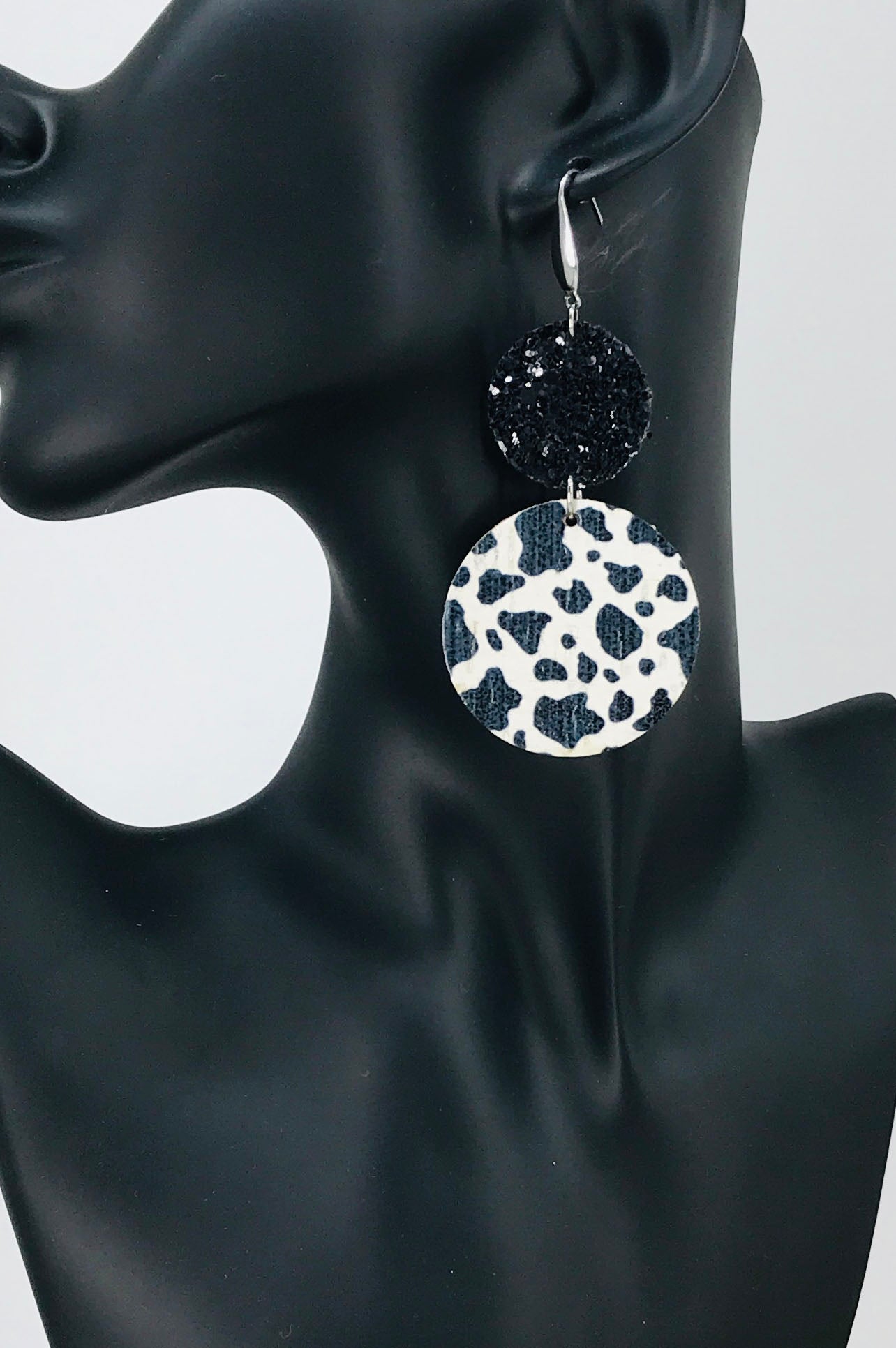 Chunky Glitter and Black & White Spotted Cow Leather Earrings - E19-2959