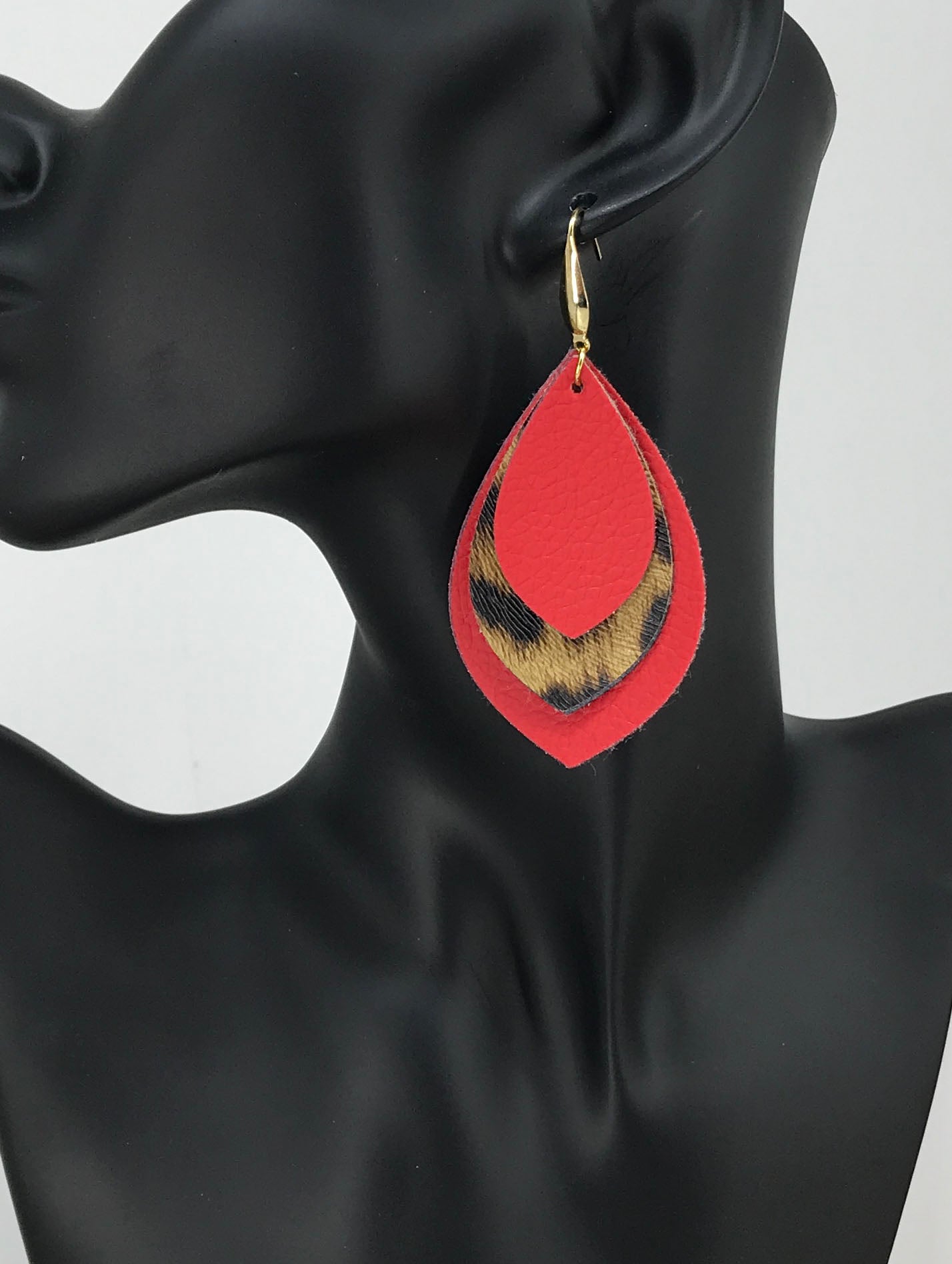 Red and Brown Leopard Faux Leather Earrings - E19-2973