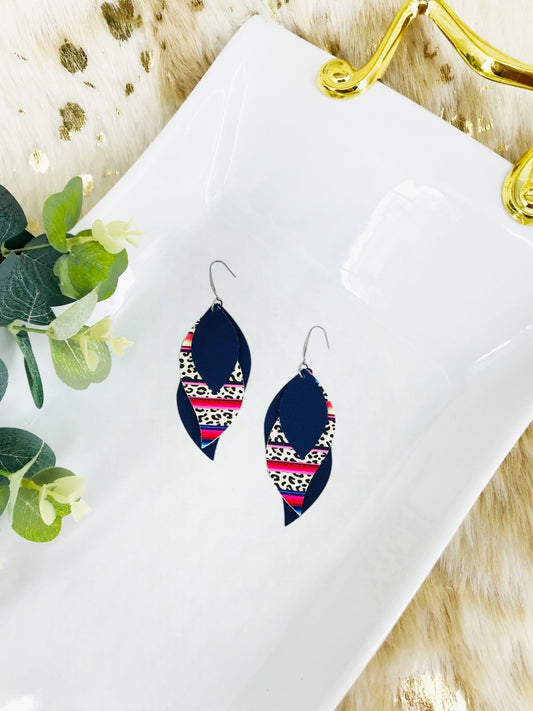 Blue and Cheetah Serape Striped Faux Leather Earrings - E19-2978