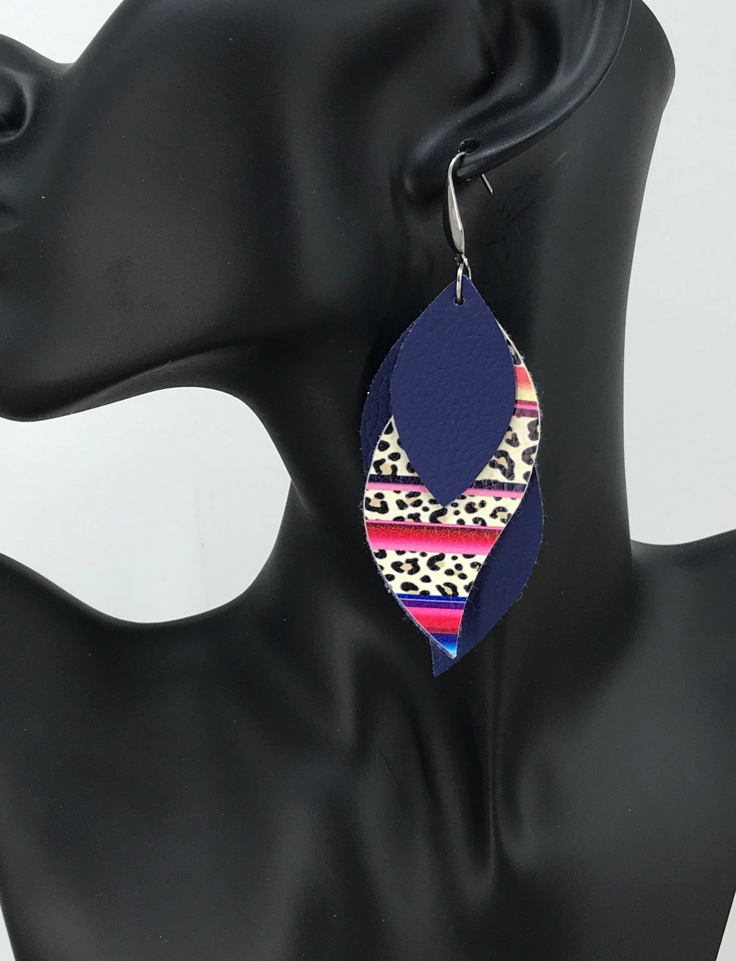Blue and Cheetah Serape Striped Faux Leather Earrings - E19-2978
