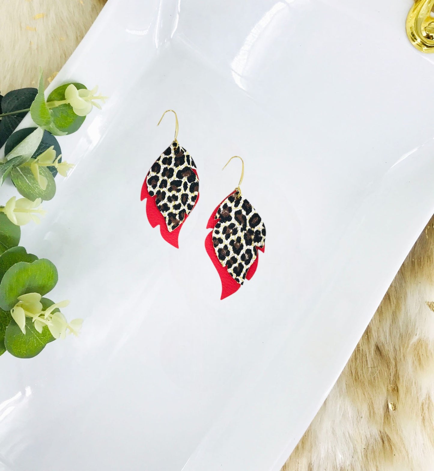Coral and Cheetah Leather Earrings -E19-3035
