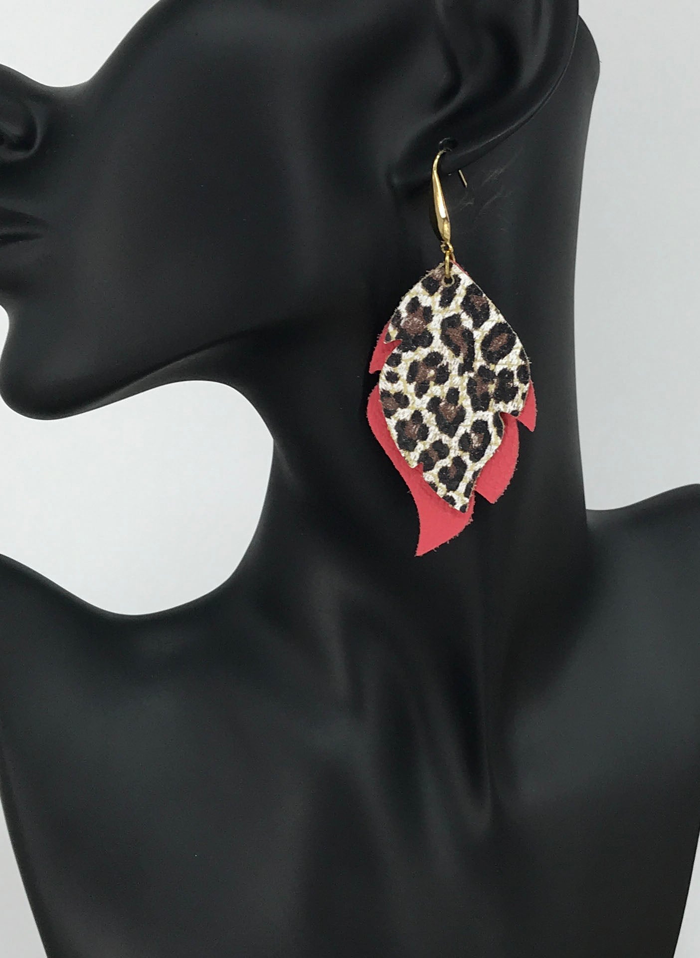 Coral and Cheetah Leather Earrings -E19-3035